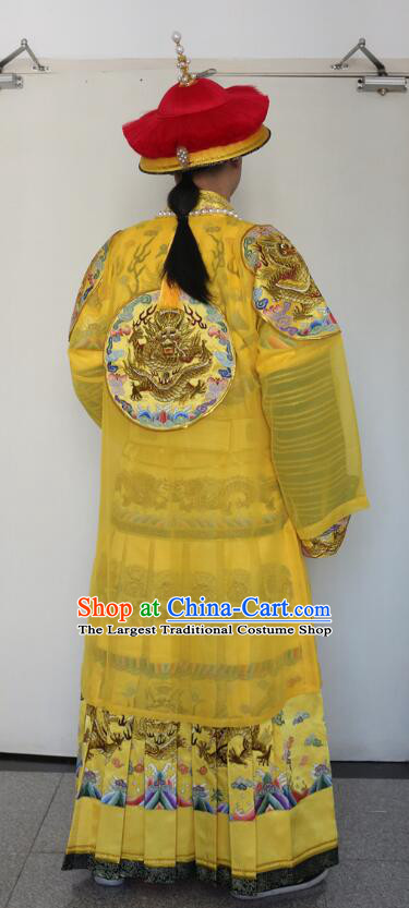 Chinese Ancient Imperial Emperor Monarch Costumes Top Embroidered Qing Dynasty Emperor Gold Robes