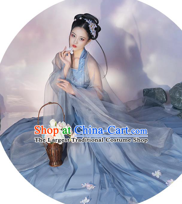 Chinese Traditional Garment Costumes Ancient Flower Fairy Clothing Tang Dynasty Princess Blue Hanfu Dress