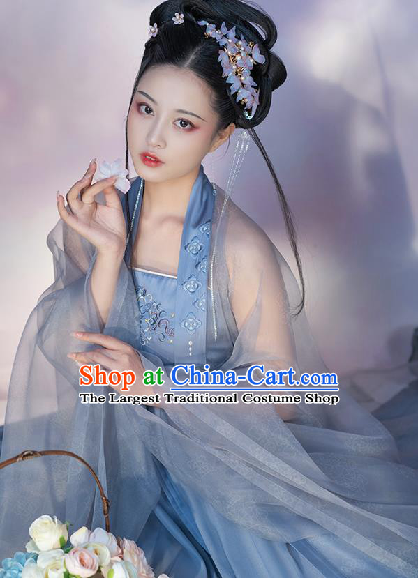 Chinese Traditional Garment Costumes Ancient Flower Fairy Clothing Tang Dynasty Princess Blue Hanfu Dress