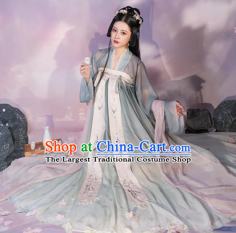 Chinese Tang Dynasty Princess Green Hanfu Dress Traditional Garment Costumes Ancient Flower Fairy Clothing