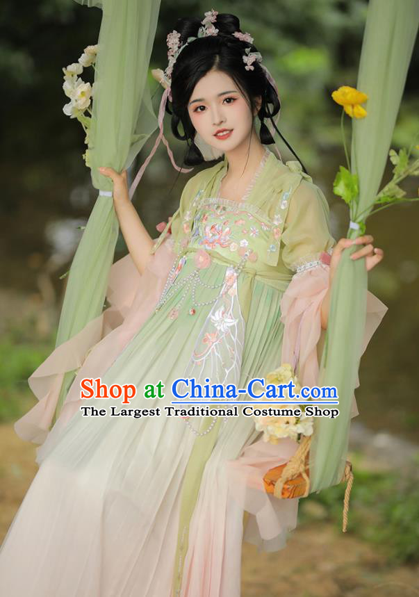 Chinese Tang Dynasty Palace Princess Garment Costumes Ancient Goddess Young Lady Green Hanfu Dress
