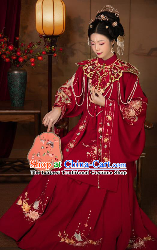 Chinese Ming Dynasty Bride Costumes Ancient Young Woman Red Dresses Traditional Wedding Hanfu Garments