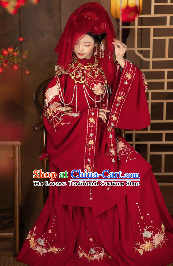 Chinese Ming Dynasty Bride Costumes Ancient Young Woman Red Dresses Traditional Wedding Hanfu Garments