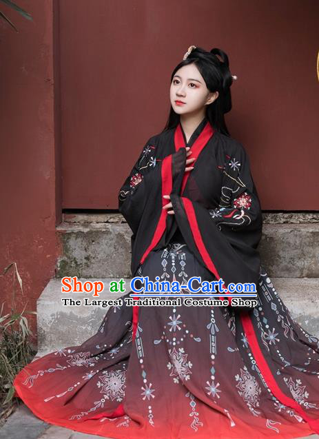 Chinese Traditional Hanfu Garments Jin Dynasty Swordswoman Costumes Ancient Young Lady Black Dresses
