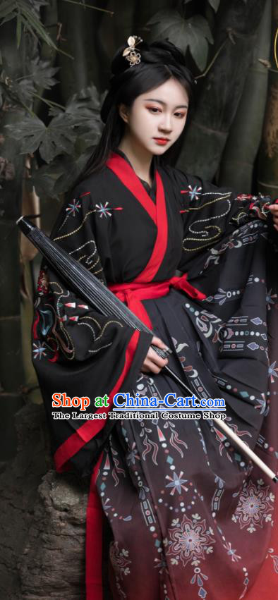Chinese Traditional Hanfu Garments Jin Dynasty Swordswoman Costumes Ancient Young Lady Black Dresses