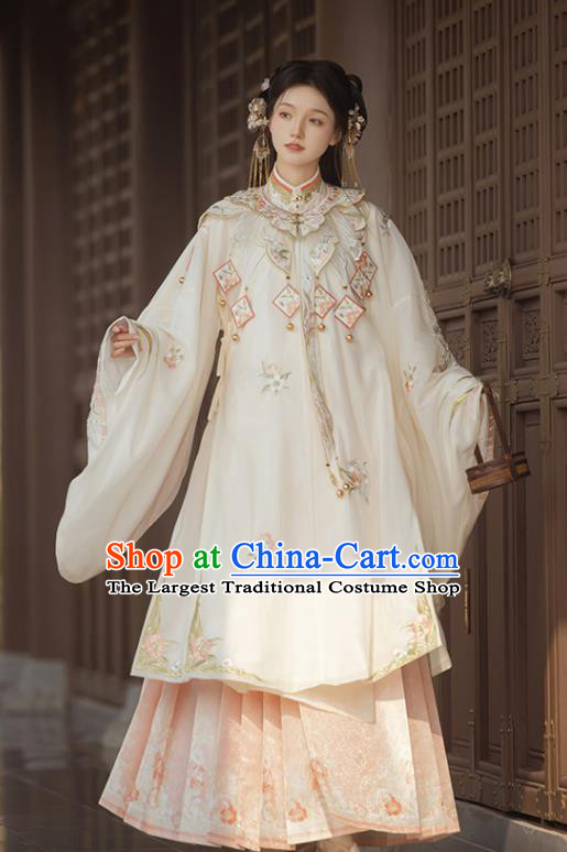Chinese Traditional Noble Lady Hanfu Costumes Ming Dynasty Young Woman Clothing Ancient Princess Beige Long Gown and Pink Skirt Complete Set