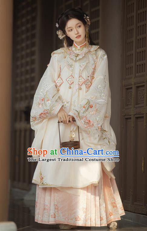 Chinese Traditional Noble Lady Hanfu Costumes Ming Dynasty Young Woman Clothing Ancient Princess Beige Long Gown and Pink Skirt Complete Set