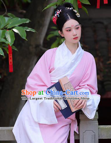Chinese Hanfu Curving Front Robe Qu Ju Han Dynasty Historical Costume Ancient Young Woman Pink Dress
