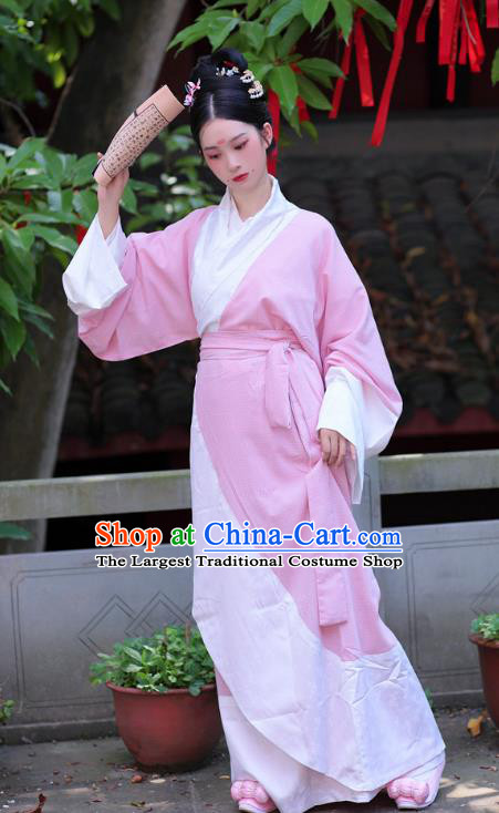 Chinese Hanfu Curving Front Robe Qu Ju Han Dynasty Historical Costume Ancient Young Woman Pink Dress