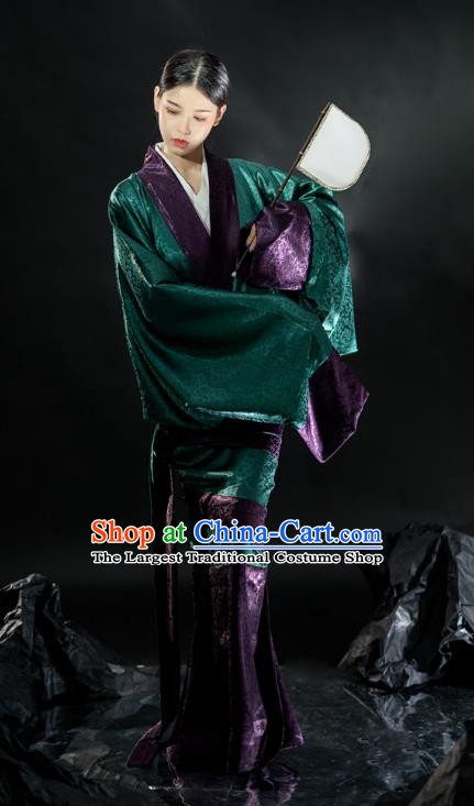 Chinese Ancient Court Woman Green Dress Hanfu Curving Front Robe Qu Ju Han Dynasty Historical Costume