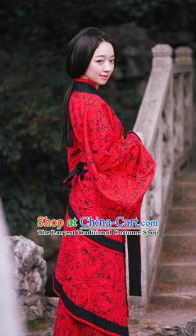 Chinese Ancient Royal Empress Red Dress Hanfu Qu Ju Curving Front Robe Han Dynasty Noble Woman Historical Costume