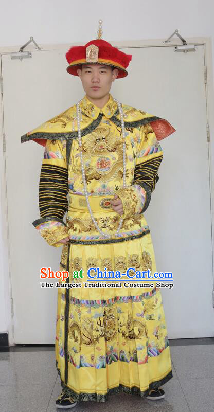Chinese Ancient Emperor Clothing Qing Dynasty Embroidered Dragon Robe Monarch Garment Costumes