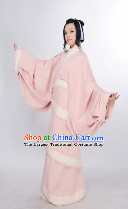 Chinese Han Dynasty Palace Beauty Clothing Ancient Han Fu Pink Curving Front Robe Classical Dance Costume