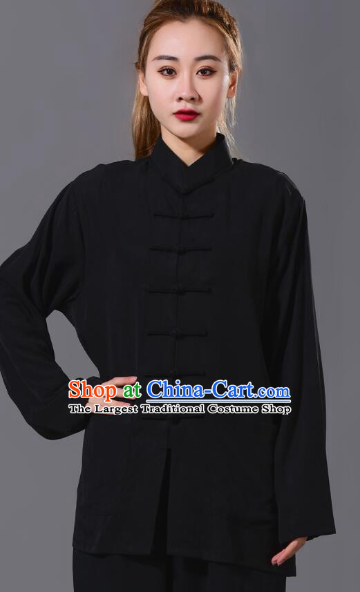 Chinese Summer Tencel Kung Fu Black Uniform Tai Chi Training Outfit Complete Set for Women for Men