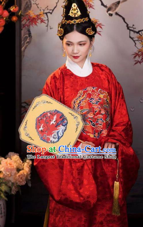 Chinese Ming Dynasty Wedding Dresses Ancient Bride Clothing Embroidered Red Gown and Ma Mian Skirt Complete Set