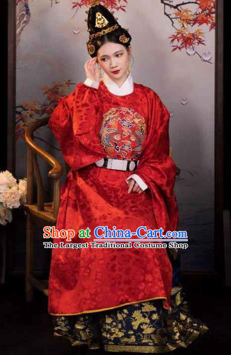 Chinese Ming Dynasty Wedding Dresses Ancient Bride Clothing Embroidered Red Gown and Ma Mian Skirt Complete Set