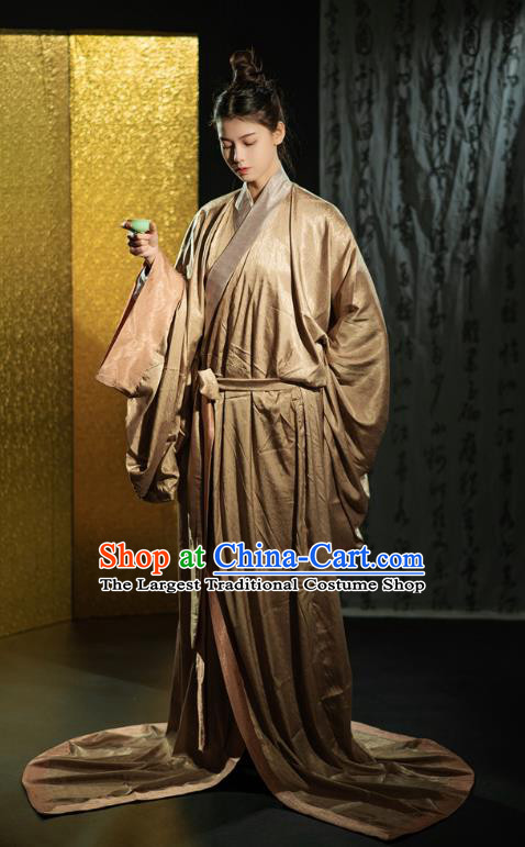 Chinese Qin Dynasty Prince Brown Straight Front Robe Ancient Swordsman Clothing Traditional Han Fu