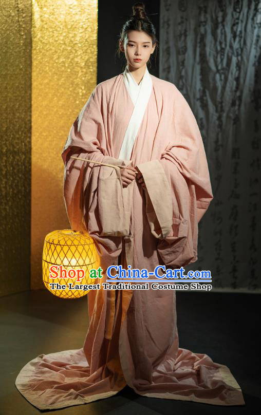 Chinese Ancient Swordsman Clothing Traditional Han Fu Qin Dynasty Prince Pink Straight Front Robe