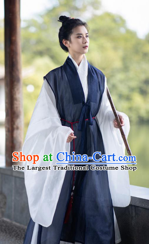 Chinese Ming Dynasty Swordsman Clothing Ancient Young Knight Costumes Hanfu Navy Vest and White Gown Complete Set