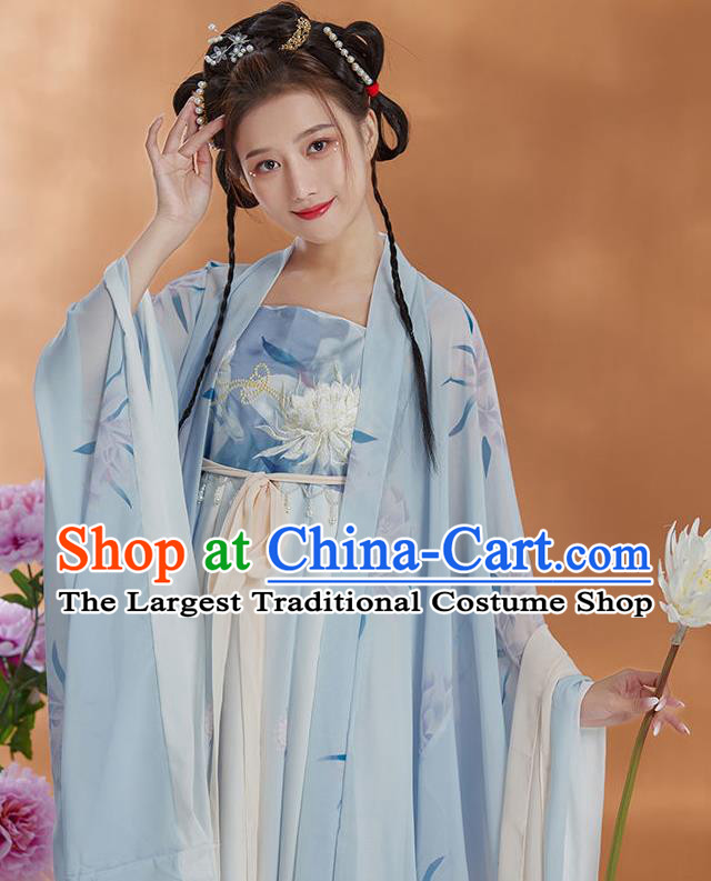 Chinese Hanfu Ruqun Blue Dresses Ancient Young Beauty Clothing Tang Dynasty Princess Garment Costumes