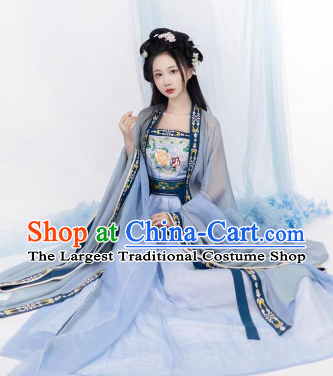 Chinese Ancient Palace Woman Blue Dresses Tang Dynasty Imperial Princess Garment Costumes Ruqun Hanfu Clothing
