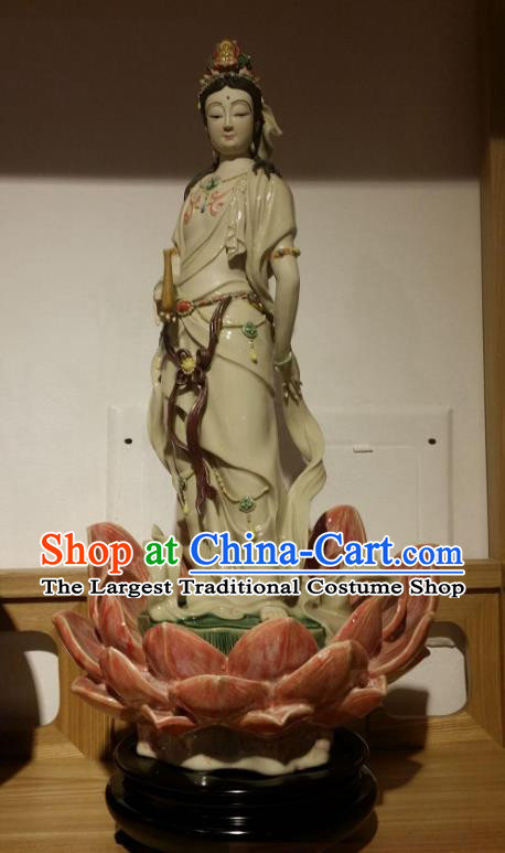 Chinese Kwan Yin Figurine Blue Dress Guan Yin Statue Shiwan Ceramic Avalokitesvara Sculpture