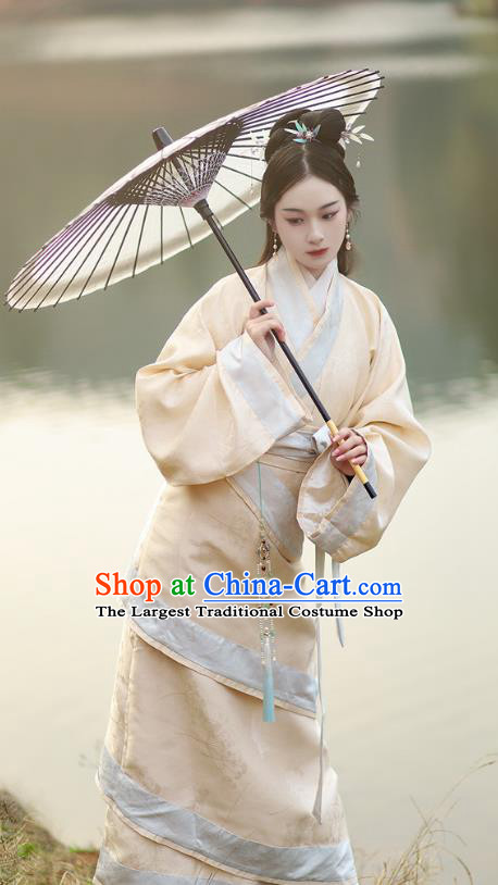 Chinese Ancient Noble Woman Costume Traditional Han Fu Beige Curving Front Robe Han Dynasty Young Lady Clothing