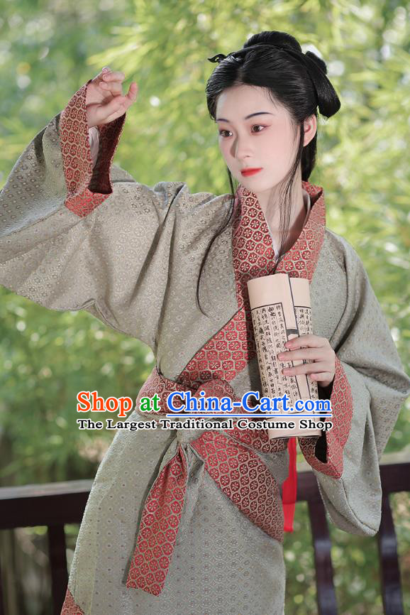 Chinese Han Dynasty Young Lady Clothing Ancient Noble Woman Costume Traditional Han Fu Curving Front Robe Grey Dress