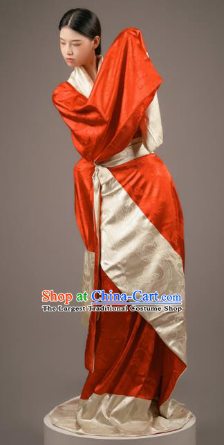 Chinese Traditional Han Fu Straight Front Robe Red Dress Han Dynasty Court Maid Clothing Ancient Palace Lady Costume
