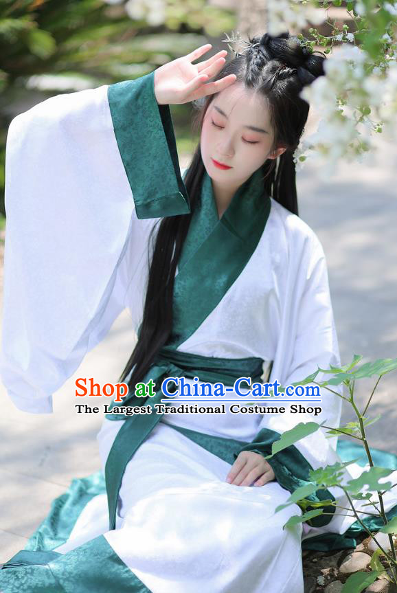 Chinese Ancient Palace Woman White Dress Traditional Han Fu Curving Front Robe Qin Dynasty Empress Garment Costume