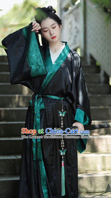 Chinese Warring States Period Female Swordsman Garment Costume Ancient Heroine Black Dress Traditional Han Fu Straight Front Robe