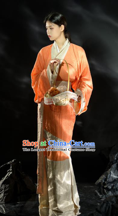 Chinese Traditional Han Fu Curving Front Robe Qin Dynasty Empress Garment Costume Ancient Palace Lady Orange Dress