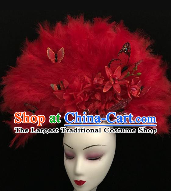 Chinese Cheongsam Catwalk Headwear Stage Performance Crown Handmade Red Feather Headdress