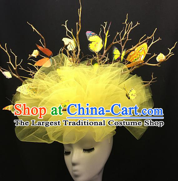 Handmade Yellow Veil Headdress Cheongsam Catwalk Headwear Stage Performance Branch Crown