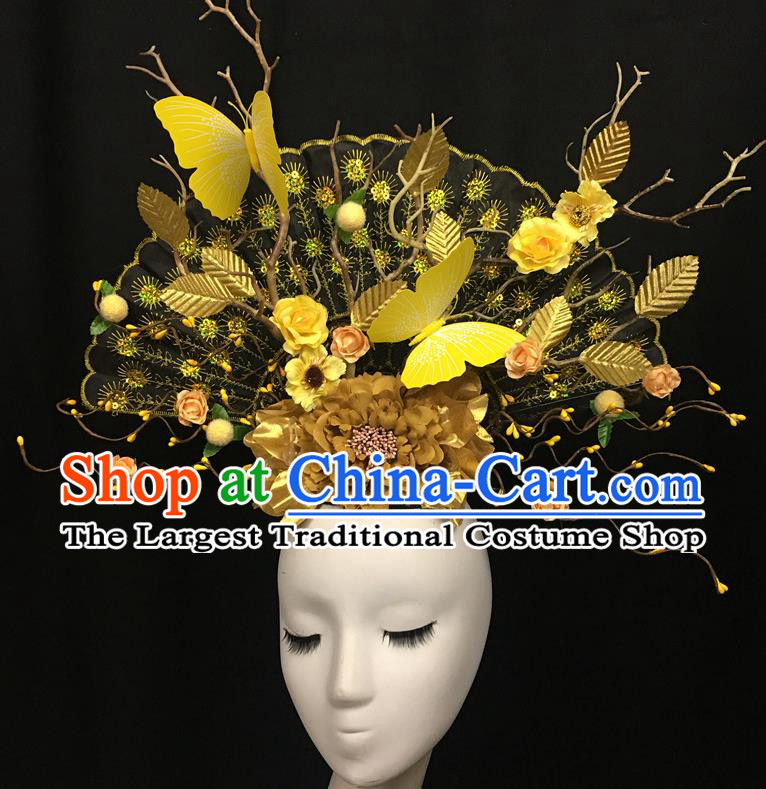 Handmade Stage Performance Golden Fan Crown Lace Fan Headdress Cheongsam Catwalk Headwear