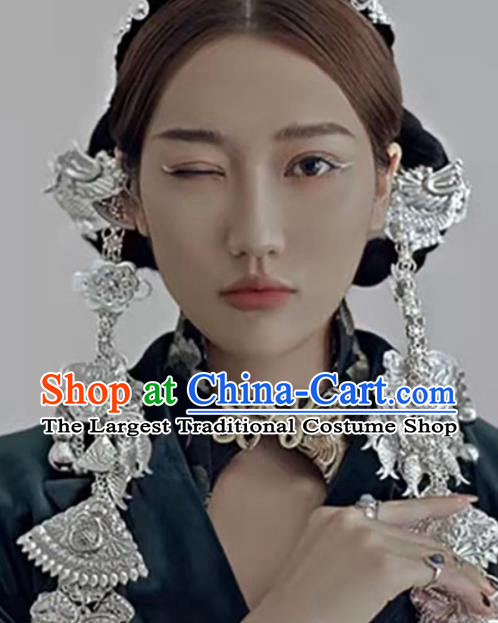 Chinese Stage Performance Hair Jewelries Handmade Silvery Headdress Miao Ethnic Woman Headpieces