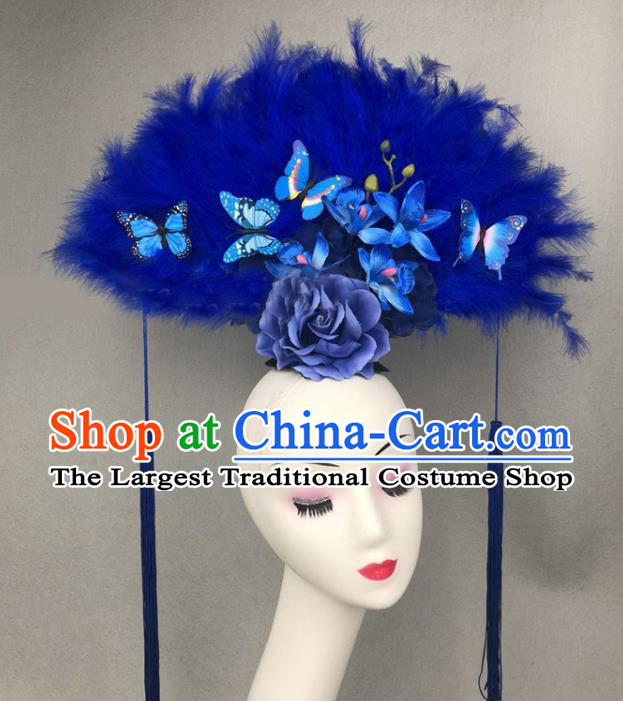 Chinese Catwalks Blue Feather Headpiece Handmade Stage Show Headdress Model Contest Deluxe Crown