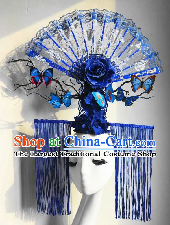 Chinese Catwalks Deluxe Tassel Headpiece Handmade Stage Show Headdress Model Contest Blue Lace Fan Crown