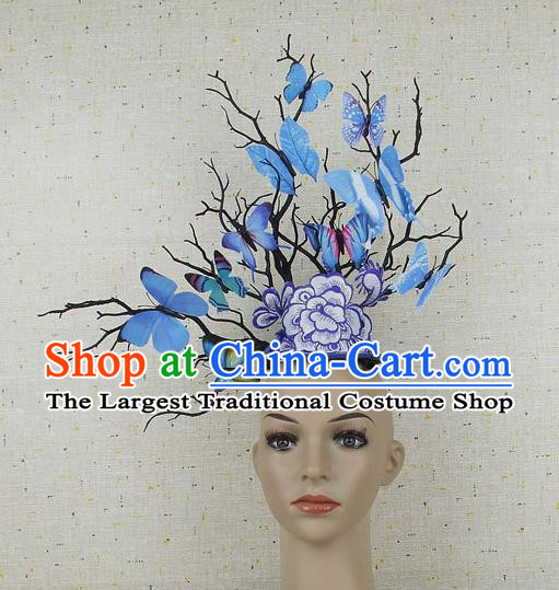 Chinese Catwalks Blue Butterfly Branch Headpiece Handmade Stage Show Headdress Model Contest Crown