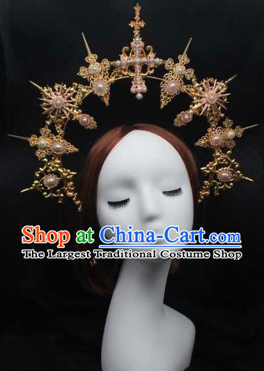 Top Stage Show Headwear Handmade Catwalks Golden Royal Crown Goddess Hair Jewelry