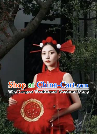 Chinese Modern Fancywork Headdress Professional Stage Performance Red Fan Hairpins