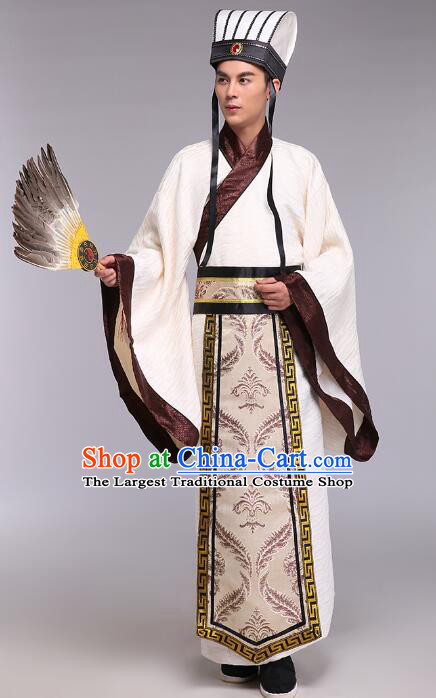 Chinese Ancient Military Strategist Zhuge Liang Costumes Three Kingdoms Period Counsellor Scholar Clothing and Hat Complete Set