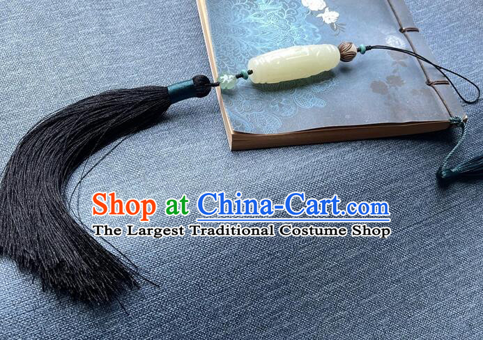 Chinese Tai Chi Sword Fringe Handmade Black Tassels Jade Pendant