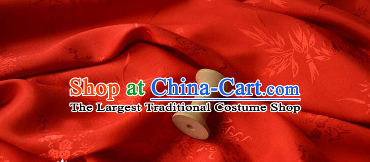 Chinese Classical Plum Bamboo Patterns Design Red Satin Silk Traditional Jacquard Fabric