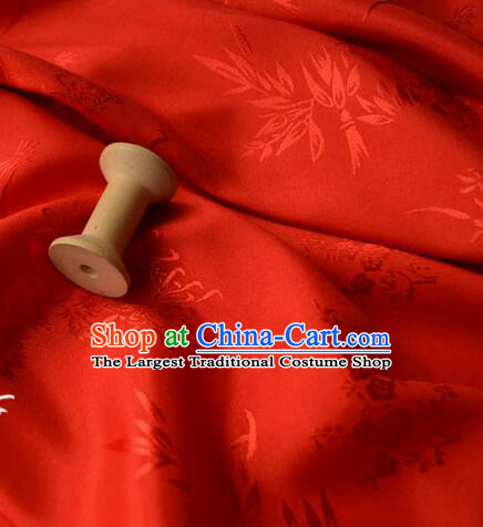 Chinese Classical Plum Bamboo Patterns Design Red Satin Silk Traditional Jacquard Fabric