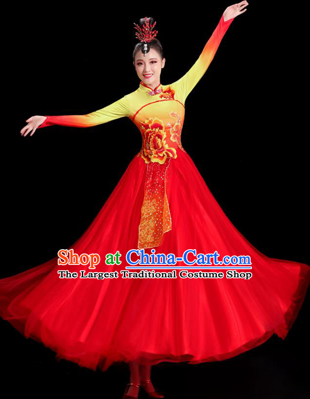Chinese Folk Dance Costume Spring Festival Gala Opening Dance Red Dress Women Group Dance Clothing