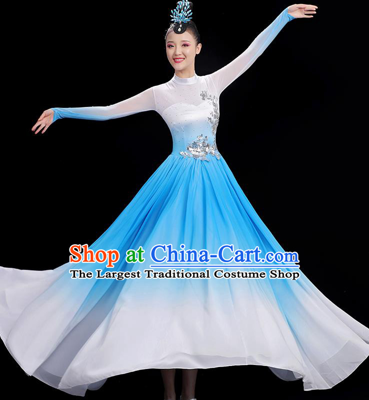 Chinese Spring Festival Gala Dance Blue Dress Women Group Chorus Clothing Umbrella Dance Costume