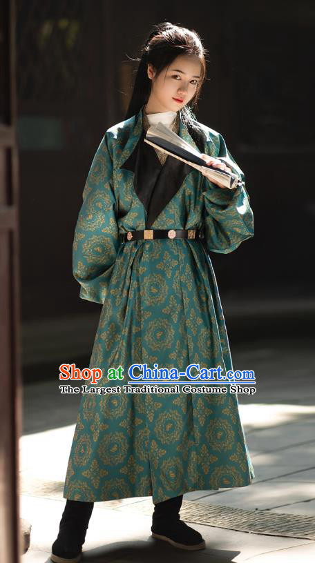 China Tang Dynasty Heroine Historical Clothing Ancient Swordswoman Costume Traditional Hanfu Green Brocade Robe