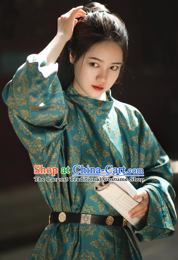 China Tang Dynasty Heroine Historical Clothing Ancient Swordswoman Costume Traditional Hanfu Green Brocade Robe