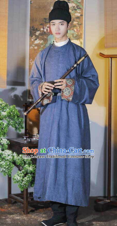 China Traditional Hanfu Navy Round Collar Robe Tang Dynasty Male Historical Clothing Ancient Swordsman Ramie Costume